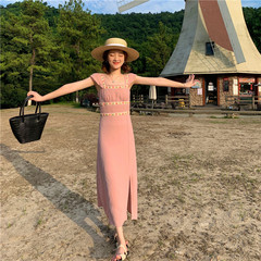 Real price 2021 summer new pink skirt square neck small fly sleeve dress