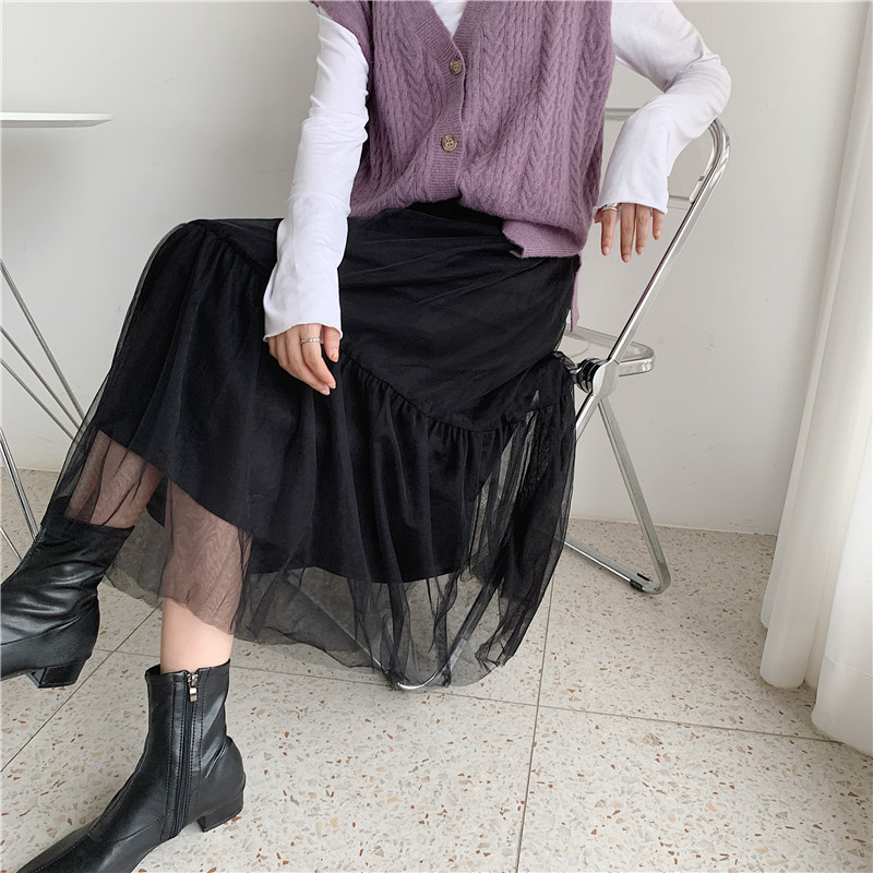 Real shot real price spring new mesh high waist skirt Korean a-word medium length Fairy Dress