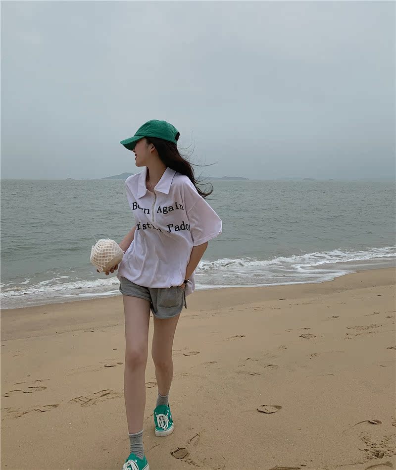 New letter printed polo collar T-shirt for women