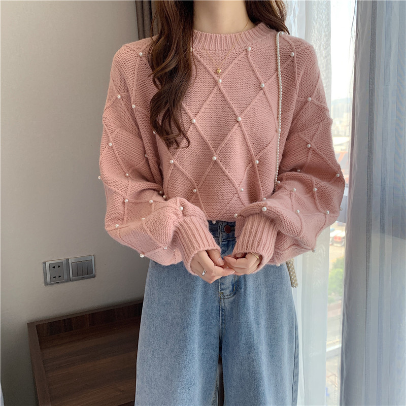 Real price autumn and winter new Korean versatile round neck diamond lattice nail bead sweater bubble long sleeve women's wear