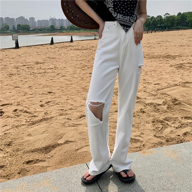 Real price 2021 Summer High Waist Wide Leg Jeans with holes Korean loose white straight pants