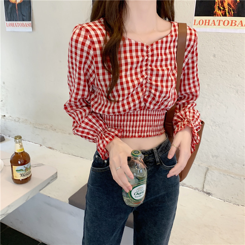 Real shot real price Korean waist top short square collar shirt Long Sleeve Plaid Shirt