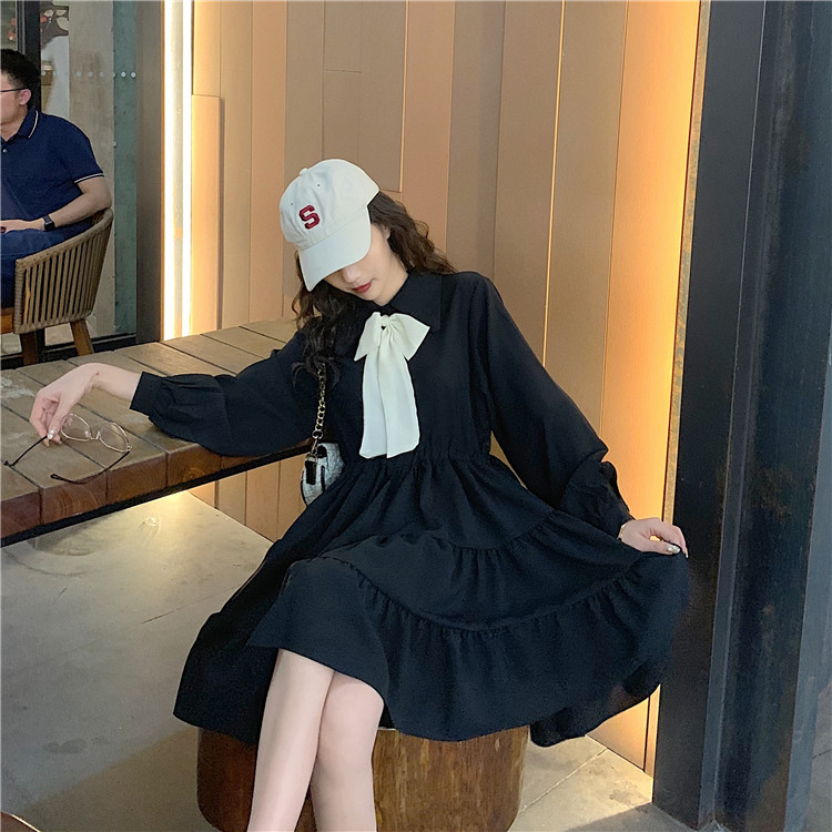 Real shot early spring long sleeve inside and out bow tie tie adjustable cake dress