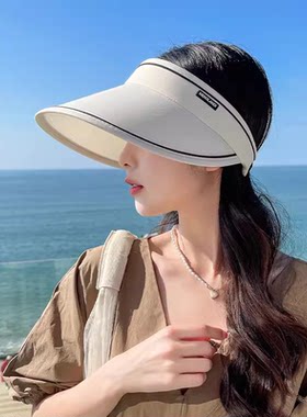 夏季网红同款时尚空顶防紫外线遮阳黑胶草帽大檐小标uv防晒帽女潮
