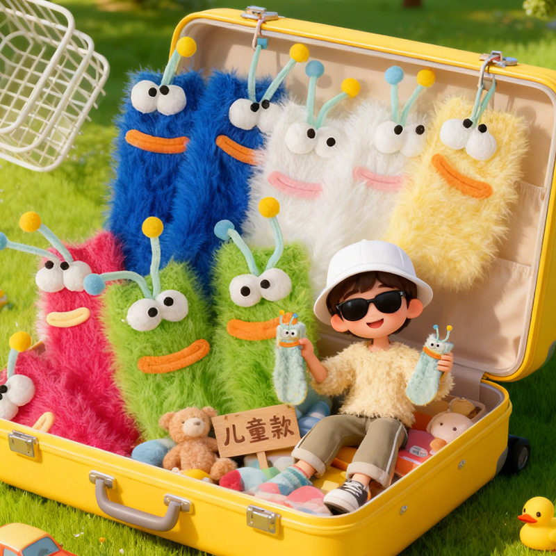 儿童水貂绒袜子男童女童睡眠袜冬季卡通可爱亲子袜加绒保暖中筒袜