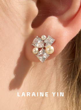 LARAINEYIN 几何锆石珍珠拼接耳钉女 S925银针高级感新年礼物耳环