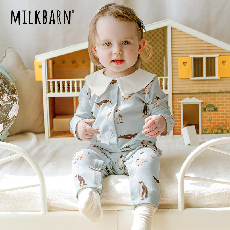 Milkbarn秋冬新品婴儿连体衣服宝宝纯棉哈衣婴幼儿长袖爬爬服