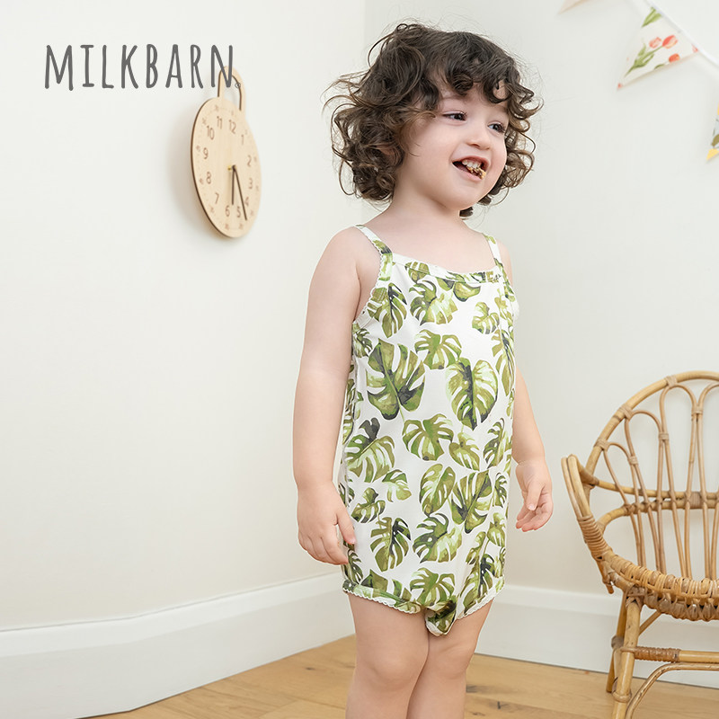 Milkbarn春夏新品婴儿吊带包屁衣两件套新生宝宝衣服哈衣爬服
