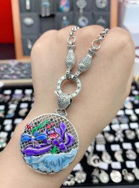 足银999长款项链女新款复古镂空毛衣链莲花吊坠