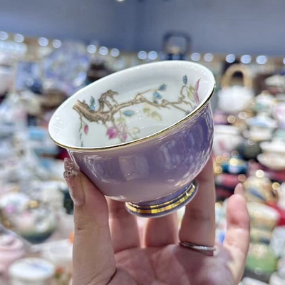 紫色带内绘桃花鱼压手杯陶瓷描金主人杯个人喝茶杯单杯茶碗盏杯
