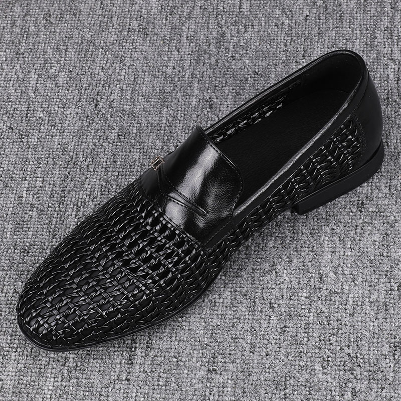 2025夏季透气打孔男士休闲皮鞋真皮百搭一脚蹬韩版商务编织潮鞋男