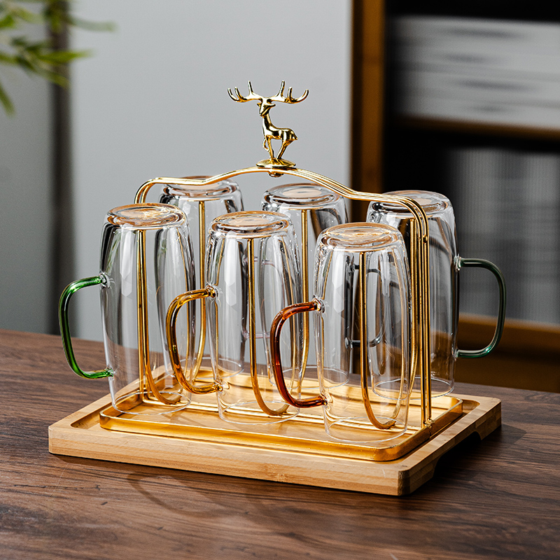 高档泡绿茶玻璃杯子家庭喝茶专用杯托 托盘套装高硼硅玻璃水杯带
