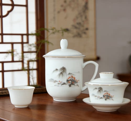 浮雕手工描金大好河山骨瓷盖碗家用泡茶杯子带盖中式纯白会议杯