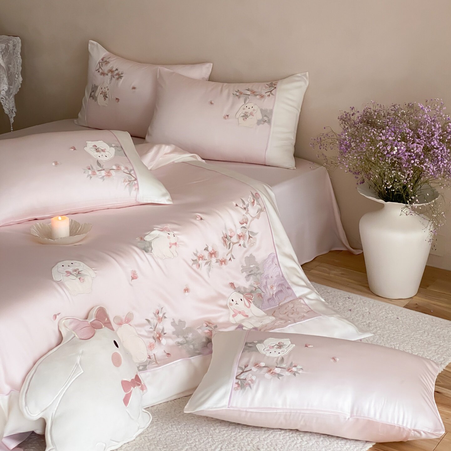 2026春夏新款天丝贴布绣宽边织带四件套-樱花树下