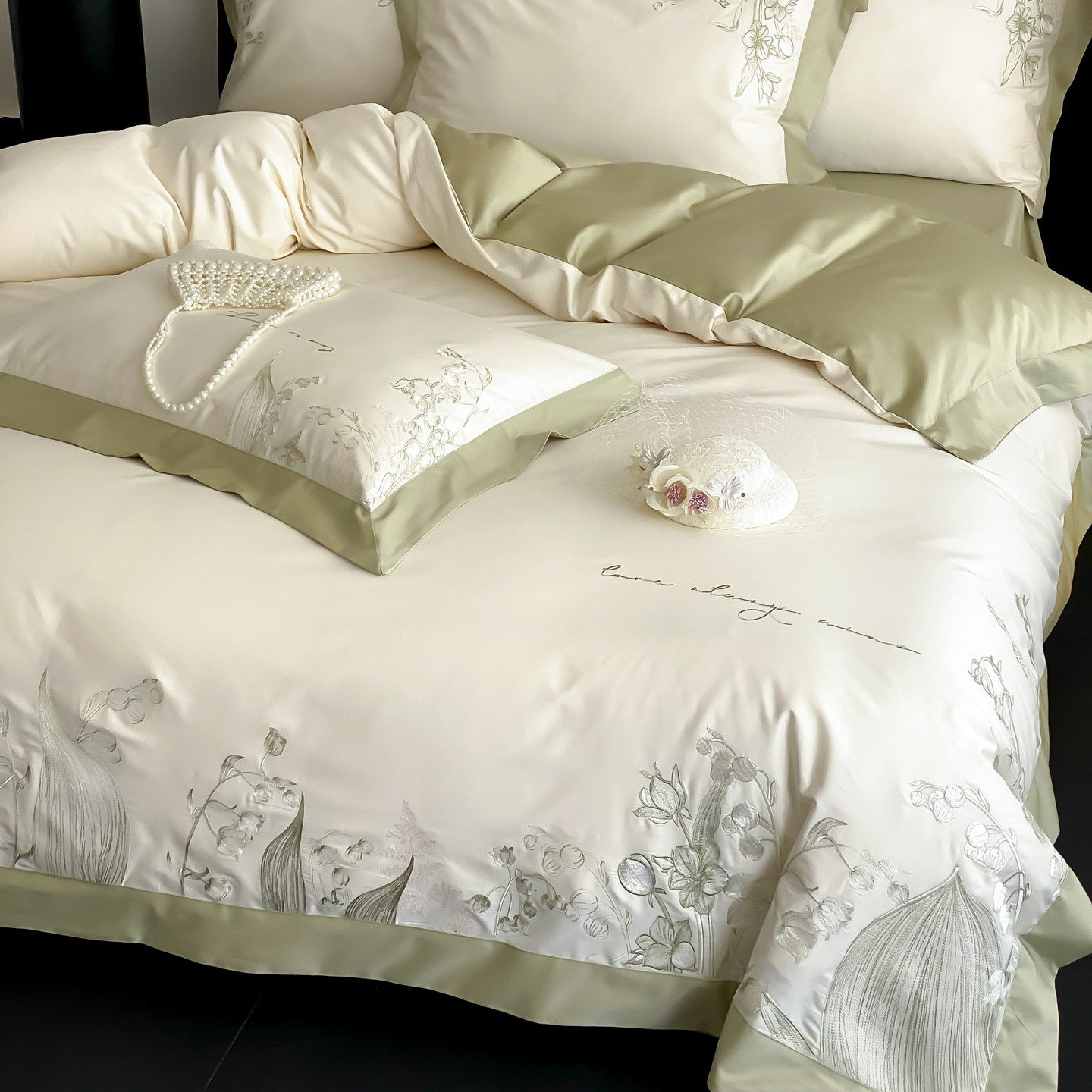 清新铃兰全棉长绒棉刺绣100S纯棉四件套绣花轻奢高级感超舒服床品