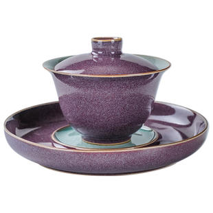 紫钧窑三才盖碗高端陶瓷冰裂釉开片泡茶碗家用茶壶功夫茶具奉茶杯