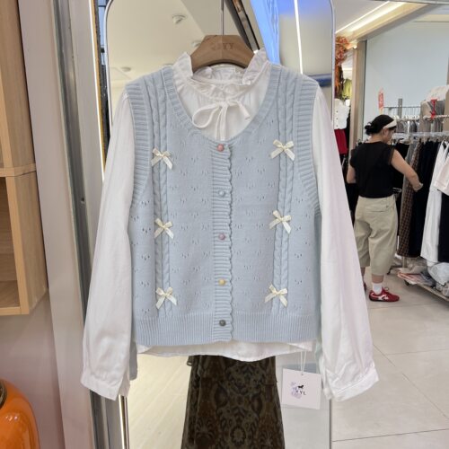 蓝色长袖衬衫蝴蝶结针织马甲两件套女2026秋季新款韩系上衣套装潮