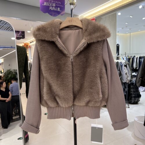 韩版针织拼接POLO领短款仿水貂毛外套女2026冬季新款甜美温柔上衣