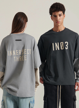 INNERSECT三生万物假两件长袖T恤春秋新款撞色拼接上衣宽松打底衫
