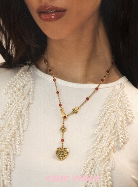 ChicVibes 【红玉花纹爱心Y链】复古浮雕花纹爱心Y字项链中长款