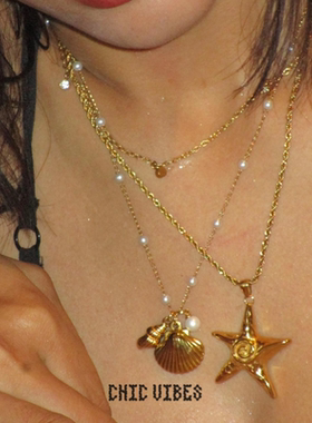 ChicVibes 法式度假风~复古金色海星项链，满满夏日氛围感！