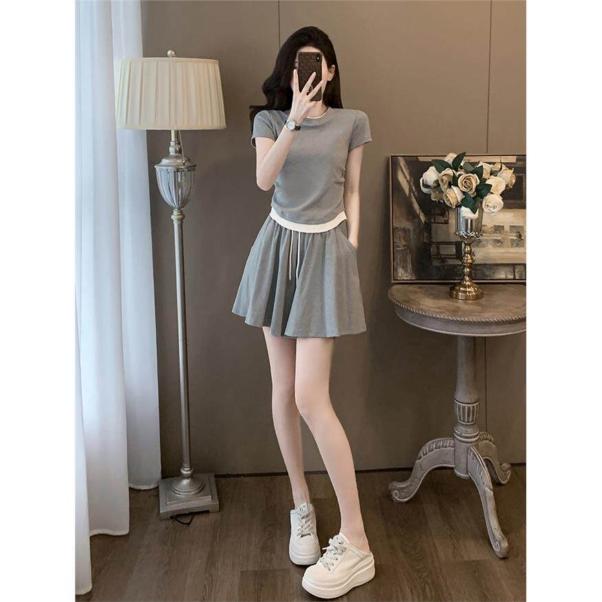 时尚休闲运动套装炸街减龄洋气短袖T恤小个子高腰阔脚短裤女端裙