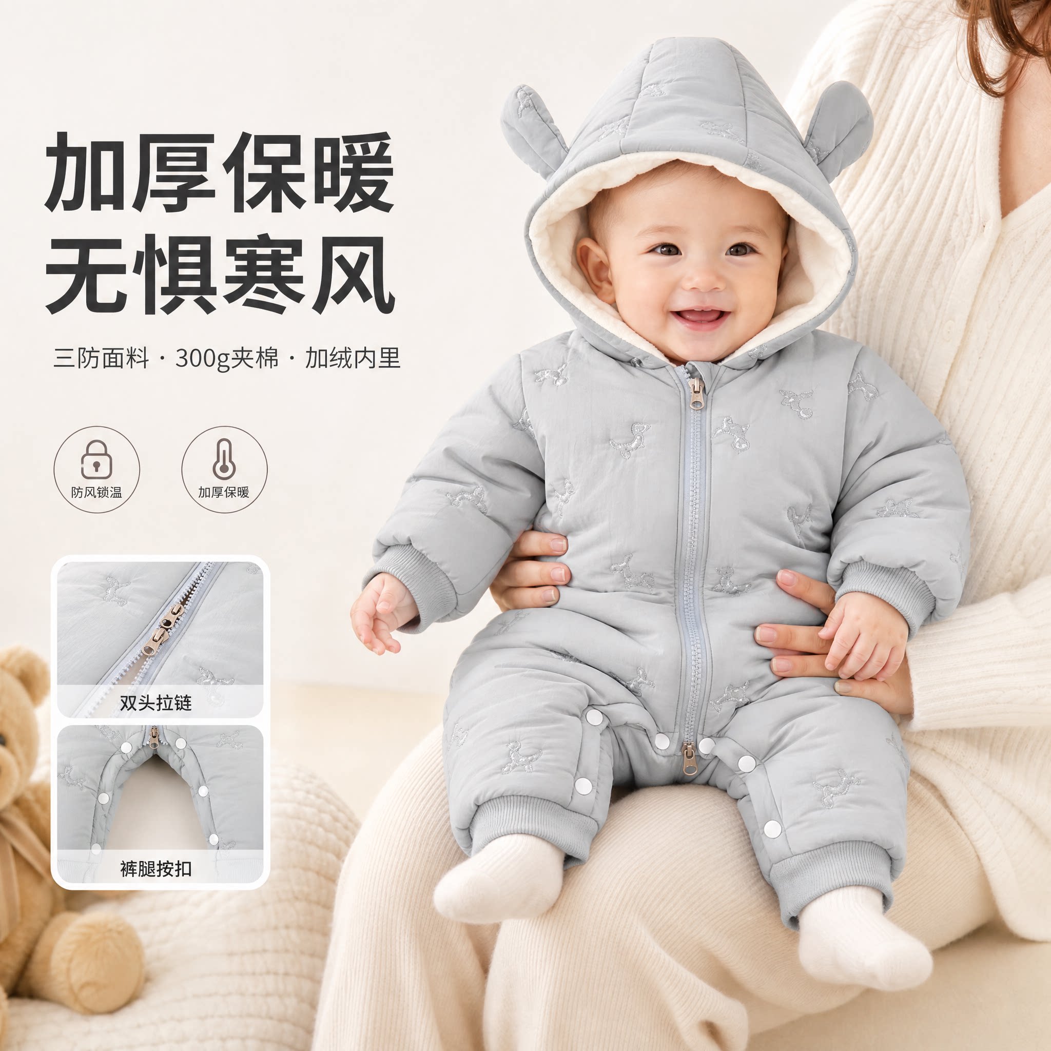 婴儿连体衣秋冬加厚夹棉保暖棉袄新生儿宝宝加绒棉服连帽哈衣冬装