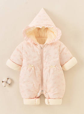 婴儿秋冬季加绒加厚棉服女宝宝连体衣洋气外出服新生夹棉保暖棉衣