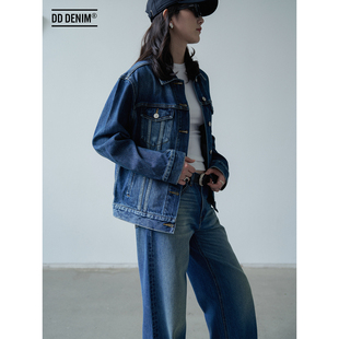 宽松微落肩牛仔衣廓形牛仔夹克外套 新款 DENIM复古做旧蓝秋季