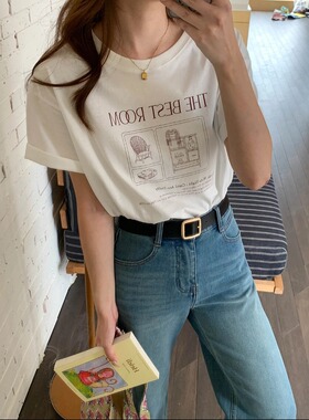 SUNS自由日记 韩系复古百搭字母印花圆领宽松短袖T恤女上衣ZY4052