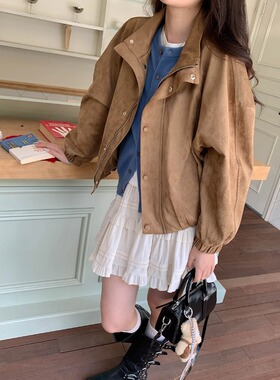 SUNS暮色巴黎 美式复古短款小个子仿麂皮绒宽松短款外套女ZY3429