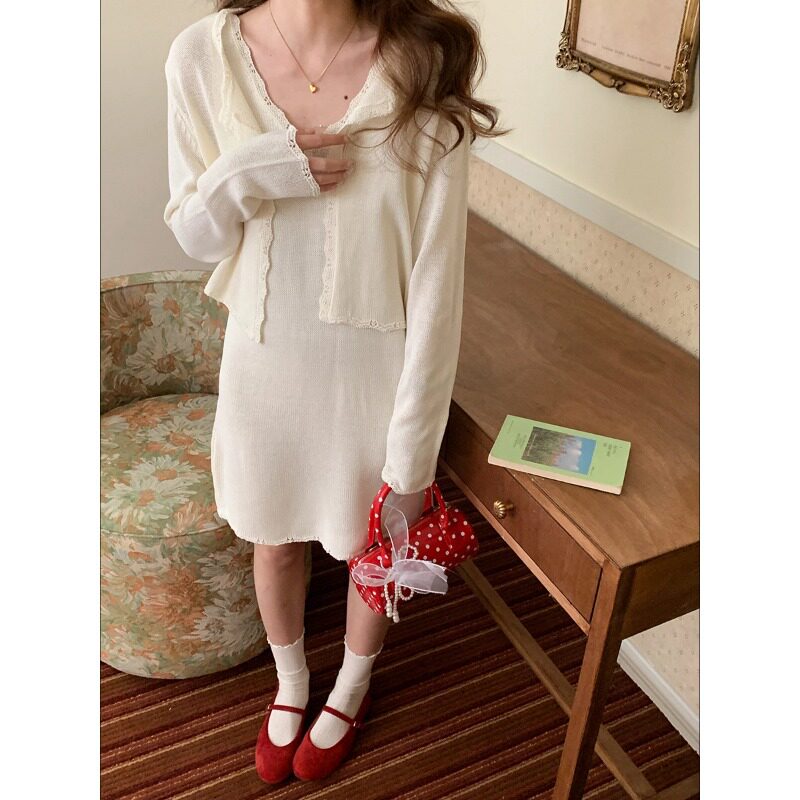 SUNS欧尼氛围感 韩系甜美温柔花边针织开衫背心裙套装女装ZY3993