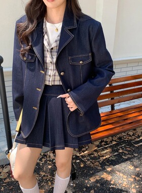SUNS德纳学院 韩系气质百搭撞色明线牛仔西装外套短裙套装ZY3379