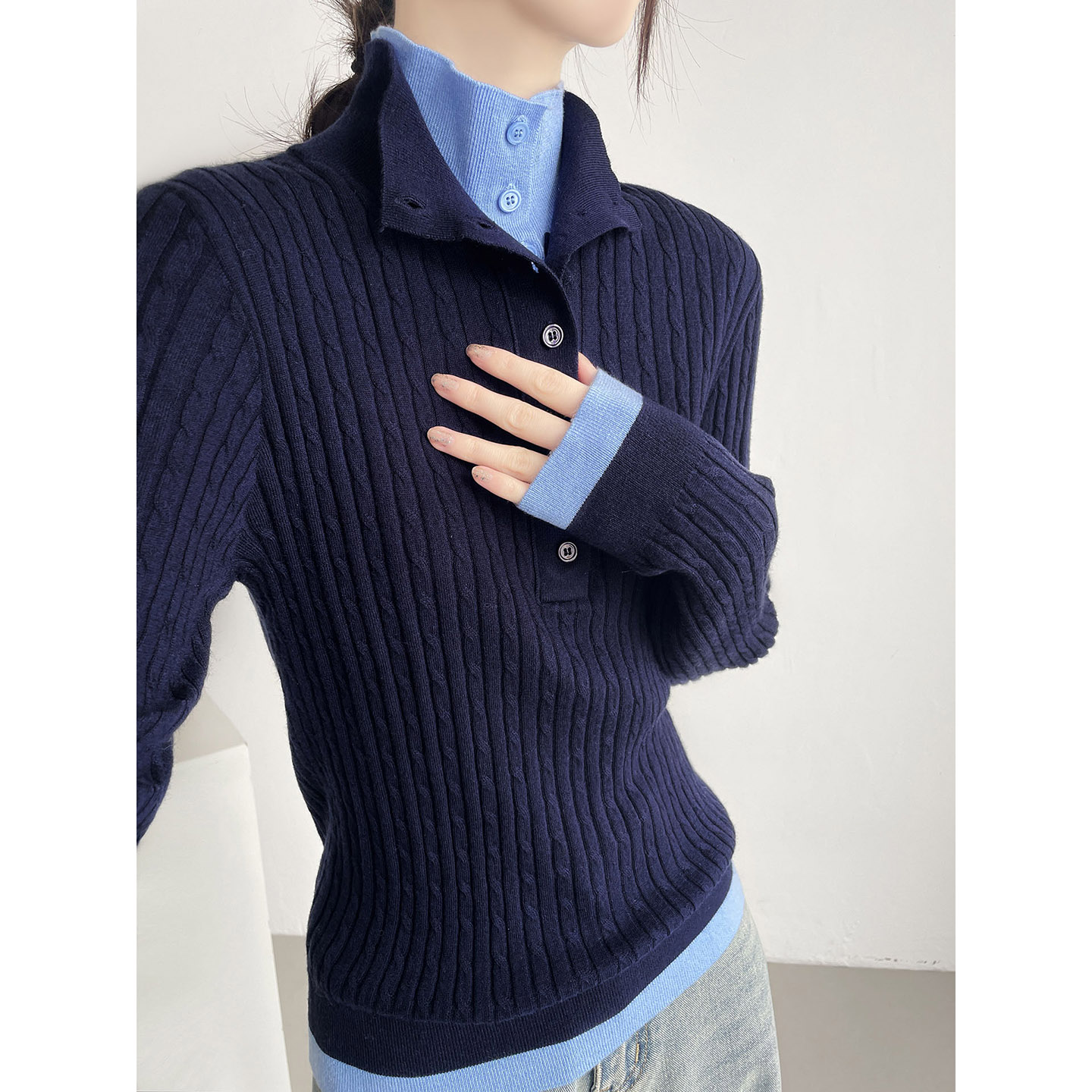 可机洗假两件羊毛打底衫