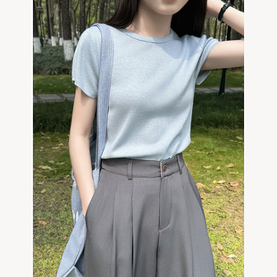 T恤女2025新款 软糯针织打底衫 蓝色圆领小飞袖 夏季 上衣潮 薄款 短袖