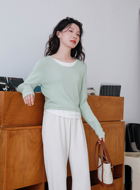 浅绿色撞色假两件针织衫女2026新款小个子设计感显瘦上衣打底衫秋