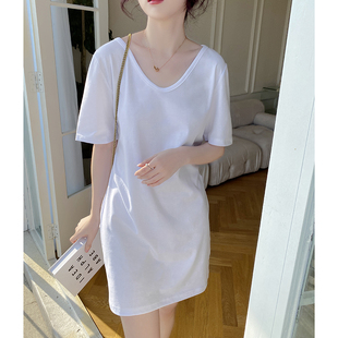 白色连衣裙女夏2026新款 V领T恤裙子 纯棉休闲懒人裙小个子中长款