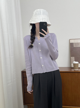 紫色短款针织开衫女2025新款春秋季百搭正肩上衣V领毛衣外套外搭