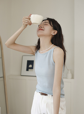 蓝色亚麻针织吊带背心女2025新款短款一字领天丝无袖上衣夏季外穿