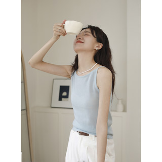 蓝色亚麻针织吊带背心女2025新款短款一字领天丝无袖上衣夏季外穿