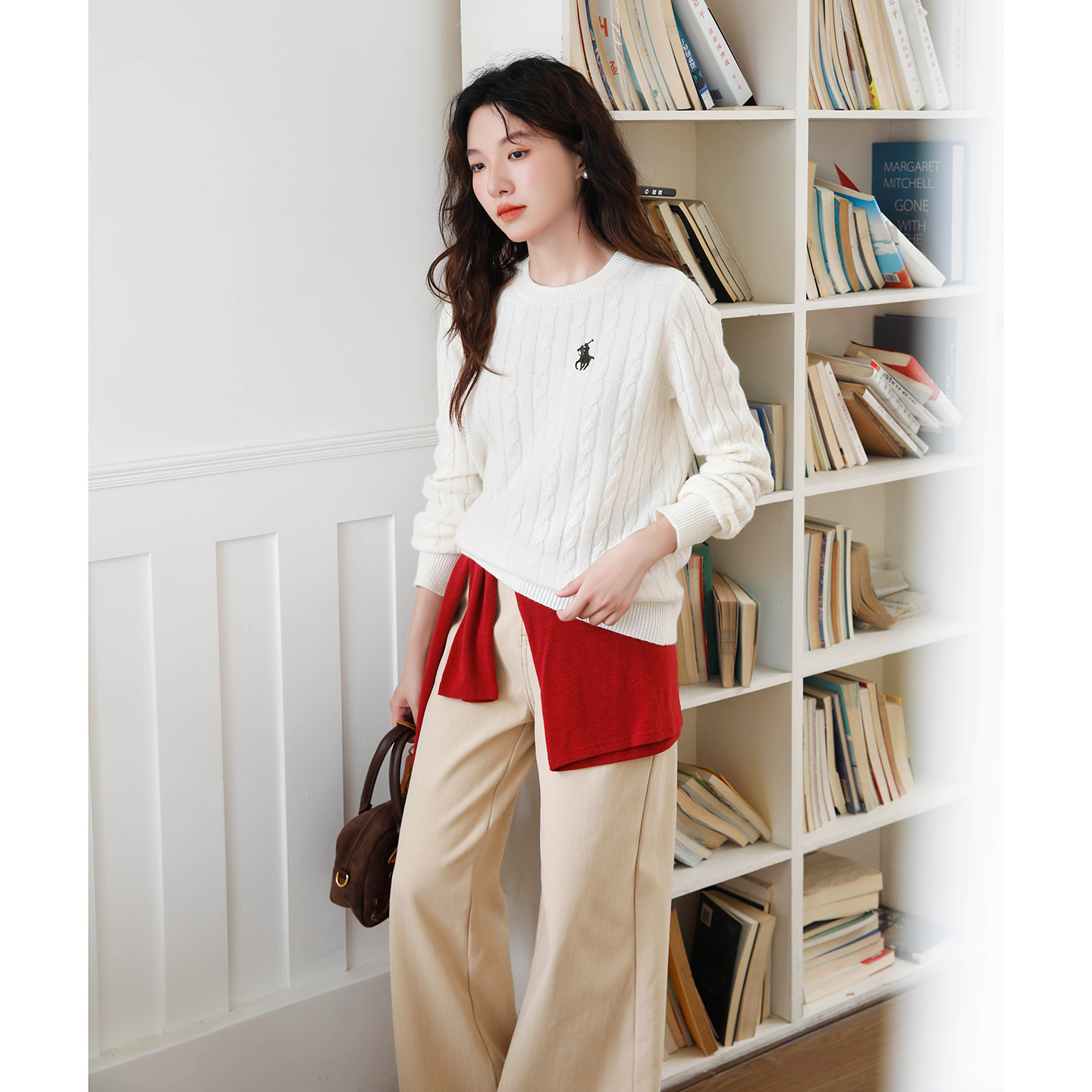 复古麻花白色毛衣女款2025新款慵懒高级感刺绣100绵羊毛打底衫冬