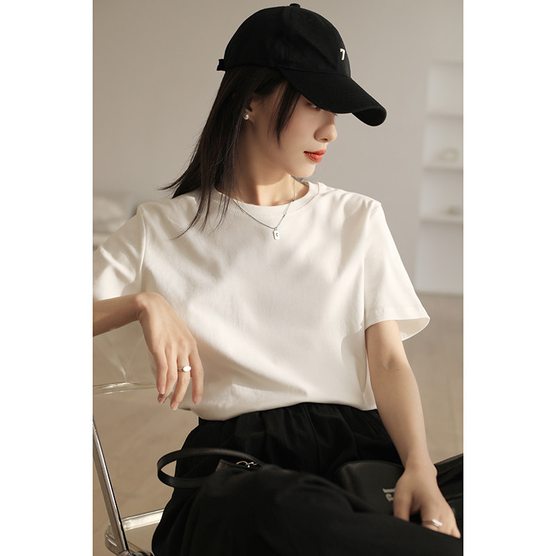 白色短袖t恤2024新款宽松百搭基础款纯棉正肩上衣纯色圆领打底衫