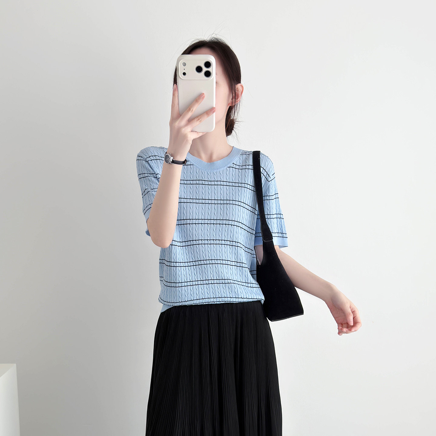 撞色条纹冰丝针织短袖t恤女2026新款老钱风麻花显瘦正肩上衣夏季
