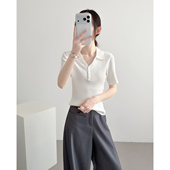 白色POLO领冰丝针织衫 显瘦气质上衣 凉感修身 短袖 T恤女2026春夏季