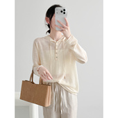 慵懒风微透防晒衣罩衫 韩系温柔风连帽亚麻冰丝针织上衣女夏季 薄款