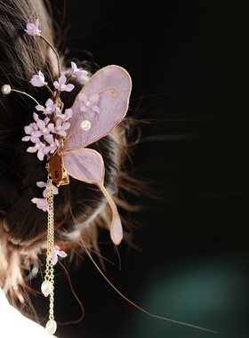 蝶恋花 紫色蝴蝶花朵发夹古风仙侠头饰步摇流苏气质发饰 汉服旗袍