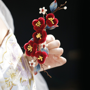 唐风红色仿绒花古风发夹女后脑勺头饰汉服配饰边夹女侧边新娘中式