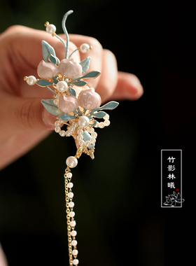 蒹葭 粉蓝色可爱桃子侧边发夹文艺 少女超仙气质边夹汉服宋制头饰