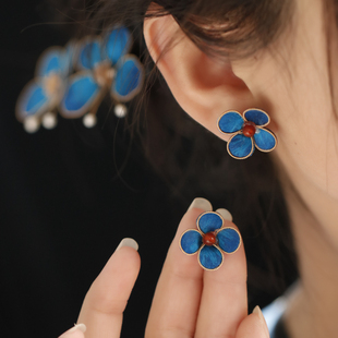 蓝色花朵耳钉女设计师款花朵造型耳环小清新清汉女日常汉服耳饰女