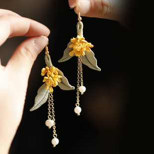 流苏缠花耳饰可爱桂花手工新中式耳坠珍珠旗袍汉服耳环黄色